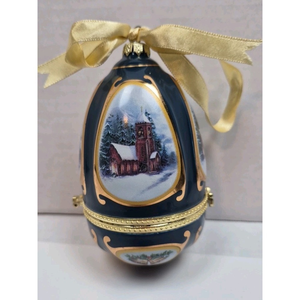 Arden Porcelain Hinged Egg Ornament Cobalt Blue Winter Village Scene Trinket Box - Picture 7 of 10
